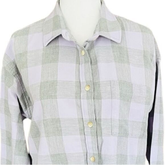 ROOTS gray/purple plaid 100% cotton button front long sleeved shirt size M - Picture 2 of 6
